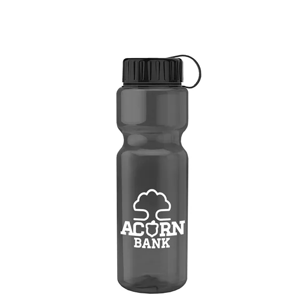 Transparent bottle with a tethered lid, 28 oz. size, reusable and... from ASI 40480 Koozie Group