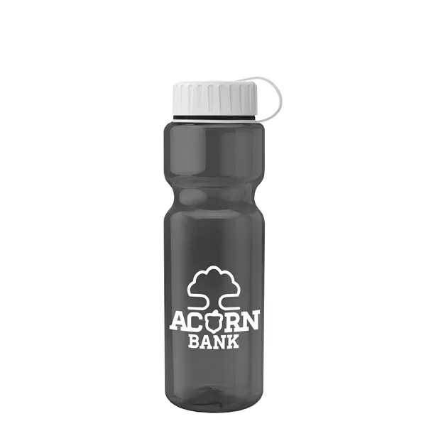 Transparent bottle with a tethered lid, 28 oz. size, reusable and... from ASI 40480 Koozie Group