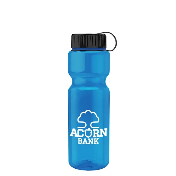 Transparent bottle with a tethered lid, 28 oz. size, reusable and... from ASI 40480 Koozie Group