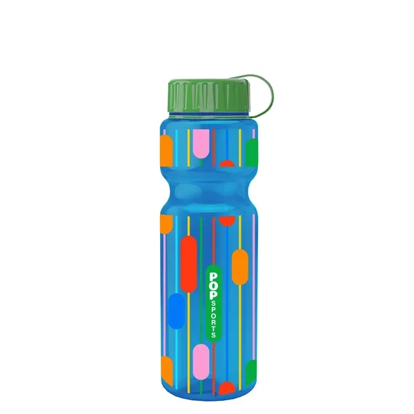 Transparent bottle with a tethered lid, 28 oz. size, reusable and... from ASI 40480 Koozie Group
