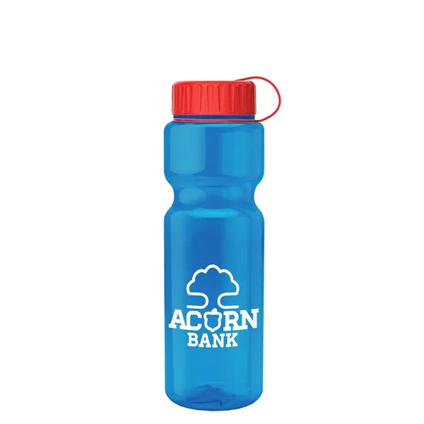Transparent bottle with a tethered lid, 28 oz. size, reusable and... from ASI 40480 Koozie Group