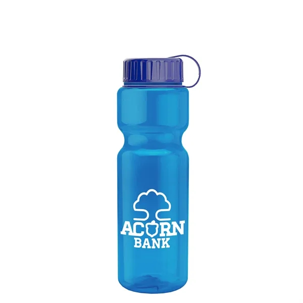Transparent bottle with a tethered lid, 28 oz. size, reusable and... from ASI 40480 Koozie Group