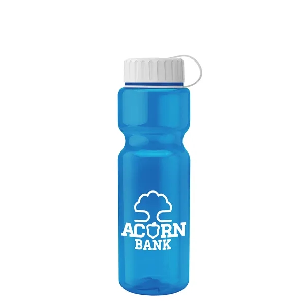 Transparent bottle with a tethered lid, 28 oz. size, reusable and... from ASI 40480 Koozie Group