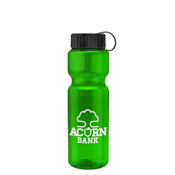 Transparent bottle with a tethered lid, 28 oz. size, reusable and... from ASI 40480 Koozie Group