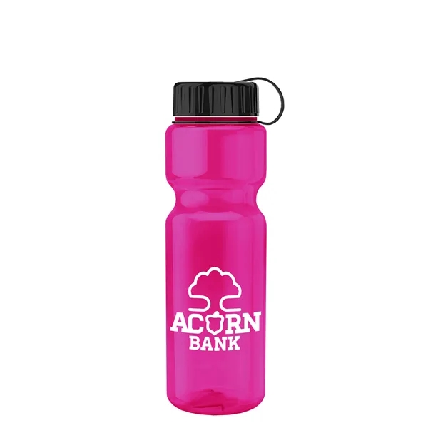Transparent bottle with a tethered lid, 28 oz. size, reusable and... from ASI 40480 Koozie Group