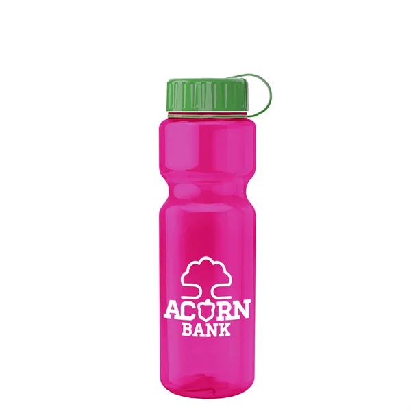 Transparent bottle with a tethered lid, 28 oz. size, reusable and... from ASI 40480 Koozie Group