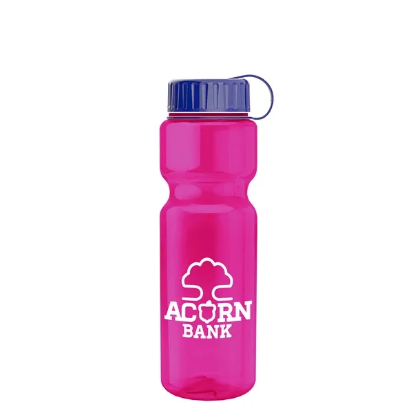 Transparent bottle with a tethered lid, 28 oz. size, reusable and... from ASI 40480 Koozie Group