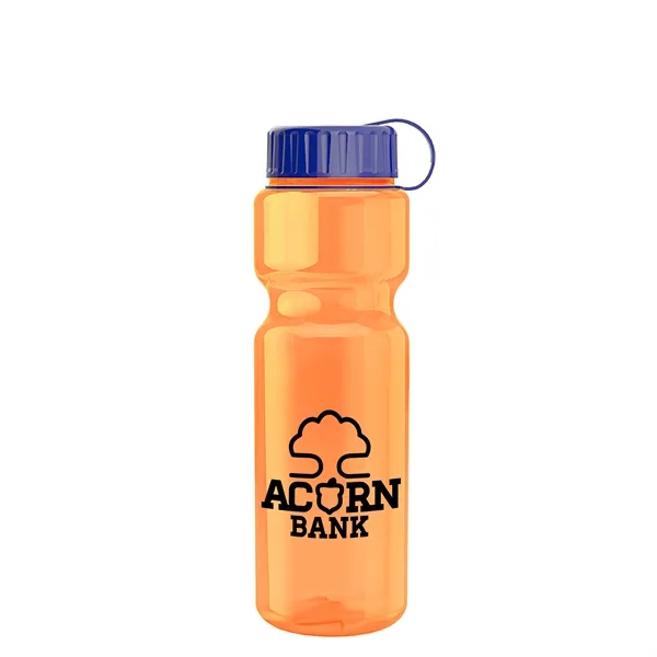 Transparent bottle with a tethered lid, 28 oz. size, reusable and... from ASI 40480 Koozie Group