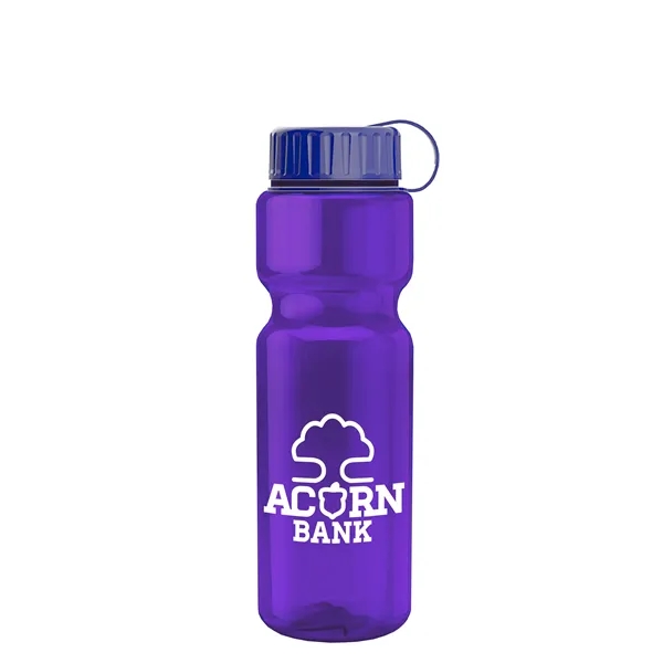 Transparent bottle with a tethered lid, 28 oz. size, reusable and... from ASI 40480 Koozie Group