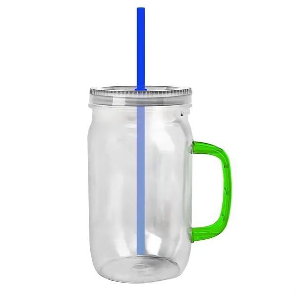 27 oz Mason Jar with Handle, straw and screw-on lid. Measurements... from ASI 40480 Koozie Group