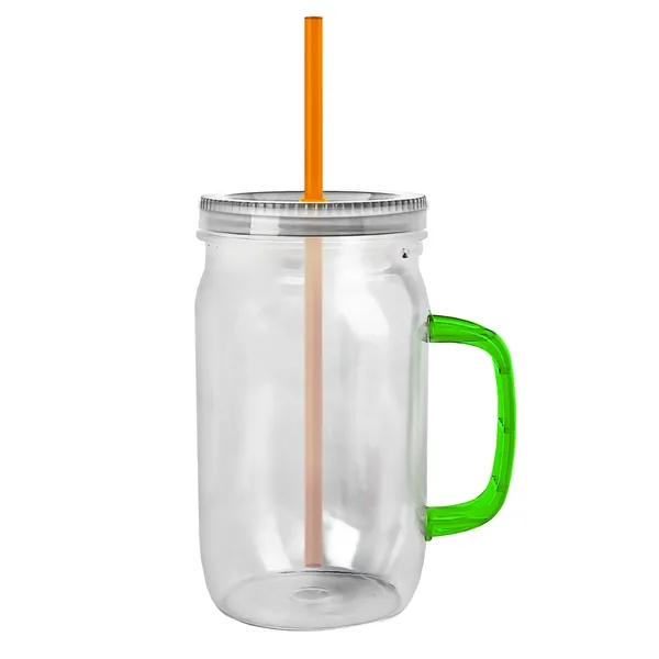 27 oz Mason Jar with Handle, straw and screw-on lid. Measurements... from ASI 40480 Koozie Group