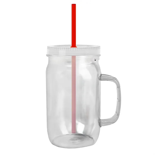 27 oz Mason Jar with Handle, straw and screw-on lid. Measurements... from ASI 40480 Koozie Group