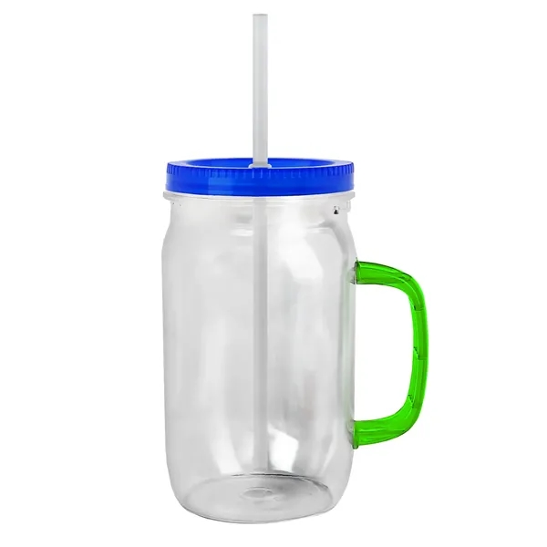 27 oz Mason Jar with Handle, straw and screw-on lid. Measurements... from ASI 40480 Koozie Group