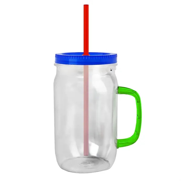 27 oz Mason Jar with Handle, straw and screw-on lid. Measurements... from ASI 40480 Koozie Group