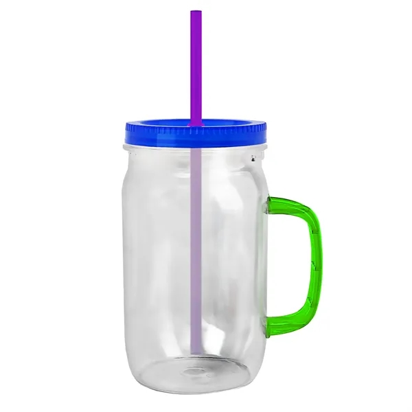 27 oz Mason Jar with Handle, straw and screw-on lid. Measurements... from ASI 40480 Koozie Group