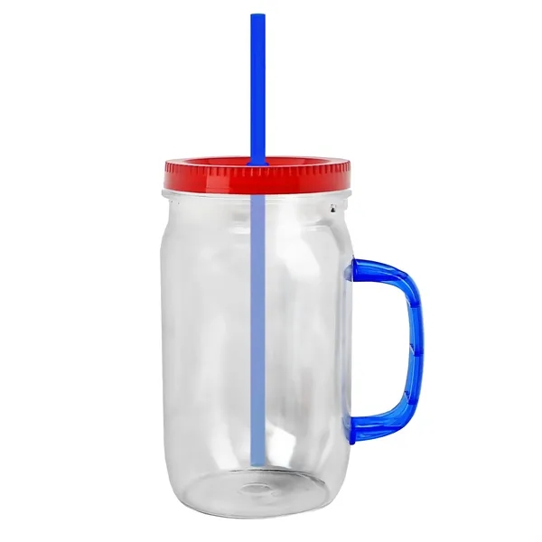 27 oz Mason Jar with Handle, straw and screw-on lid. Measurements... from ASI 40480 Koozie Group