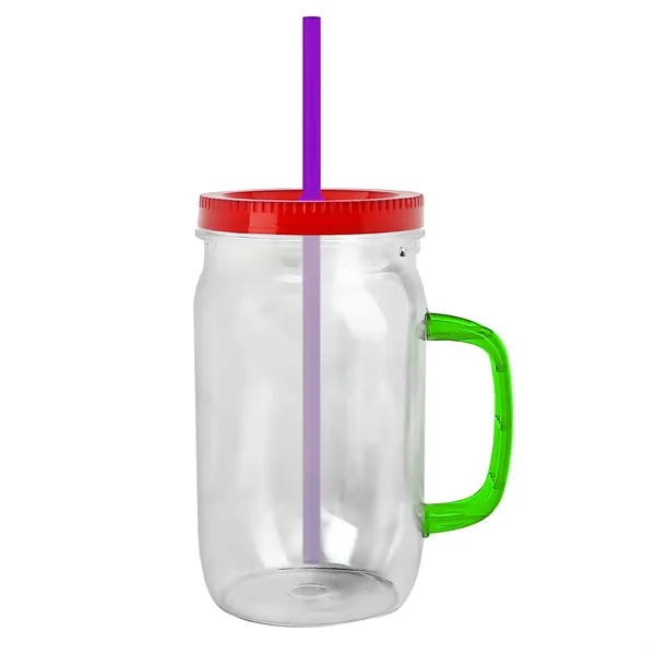27 oz Mason Jar with Handle, straw and screw-on lid. Measurements... from ASI 40480 Koozie Group