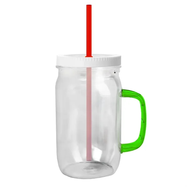27 oz Mason Jar with Handle, straw and screw-on lid. Measurements... from ASI 40480 Koozie Group