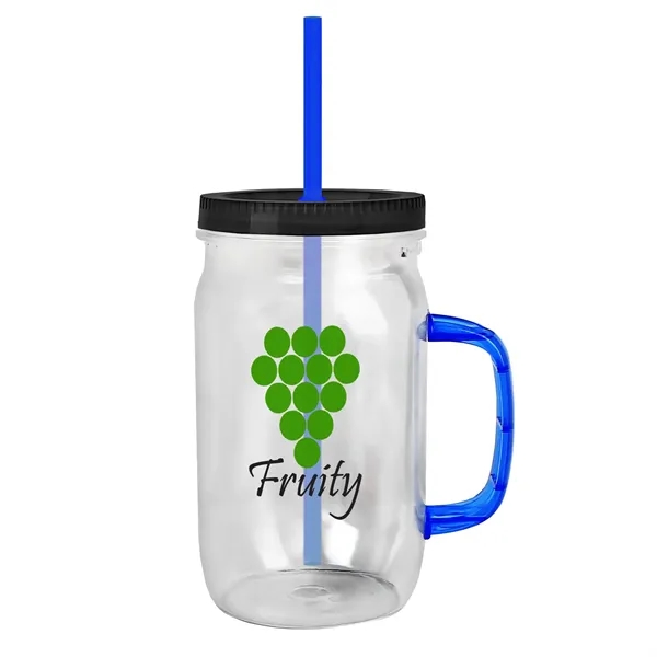 27 oz Mason Jar with Handle, straw and screw-on lid. Measurements... from ASI 40480 Koozie Group