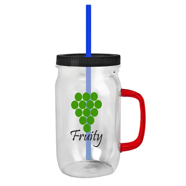 27 oz Mason Jar with Handle, straw and screw-on lid. Measurements... from ASI 40480 Koozie Group