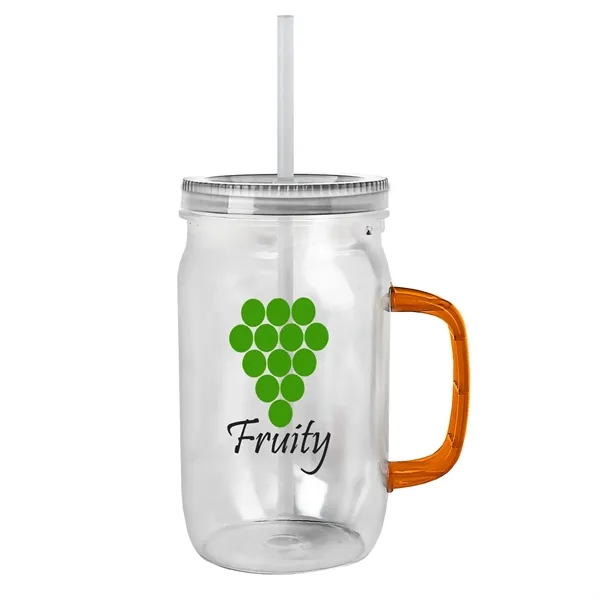 27 oz Mason Jar with Handle, straw and screw-on lid. Measurements... from ASI 40480 Koozie Group