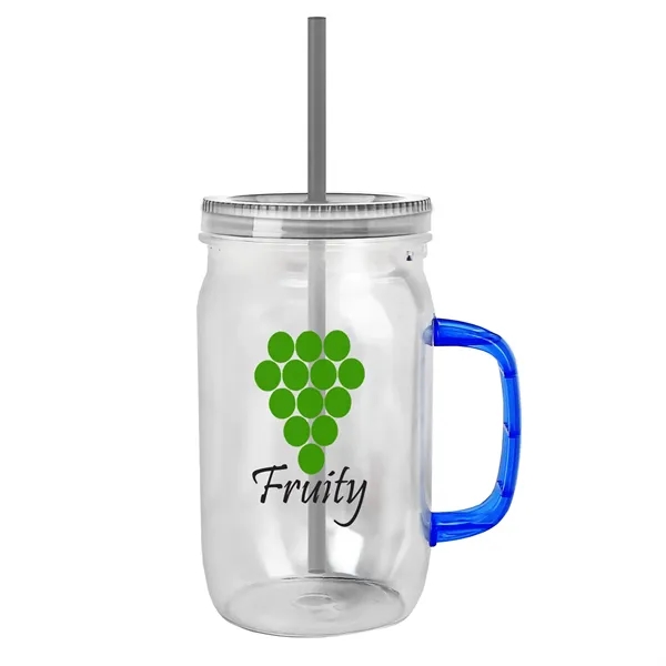 27 oz Mason Jar with Handle, straw and screw-on lid. Measurements... from ASI 40480 Koozie Group