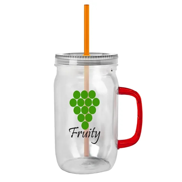 27 oz Mason Jar with Handle, straw and screw-on lid. Measurements... from ASI 40480 Koozie Group