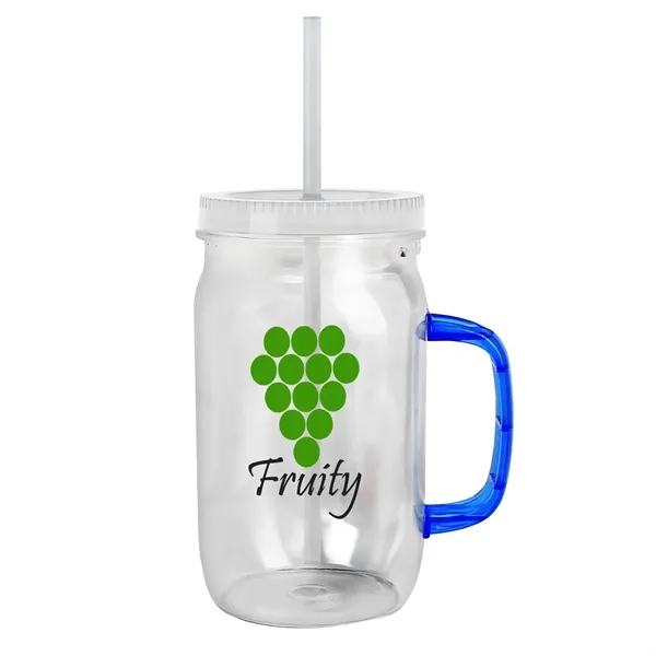 27 oz Mason Jar with Handle, straw and screw-on lid. Measurements... from ASI 40480 Koozie Group