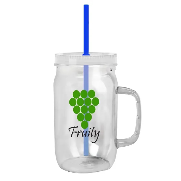 27 oz Mason Jar with Handle, straw and screw-on lid. Measurements... from ASI 40480 Koozie Group