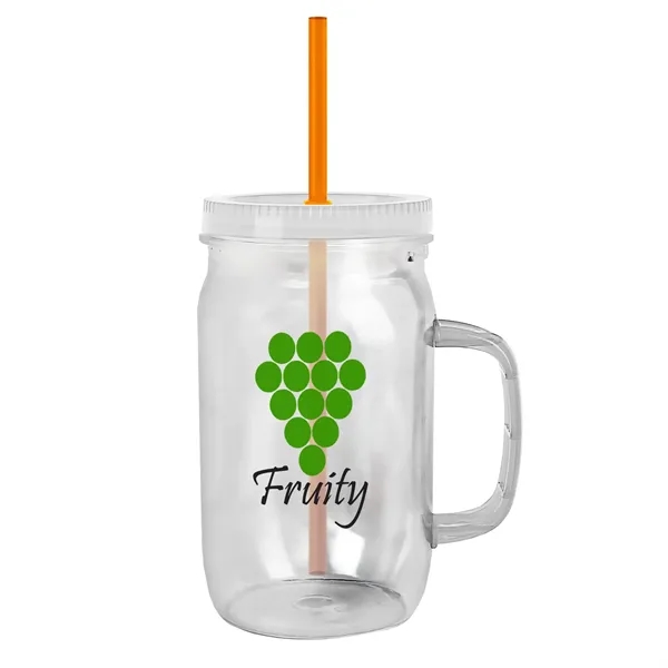 27 oz Mason Jar with Handle, straw and screw-on lid. Measurements... from ASI 40480 Koozie Group