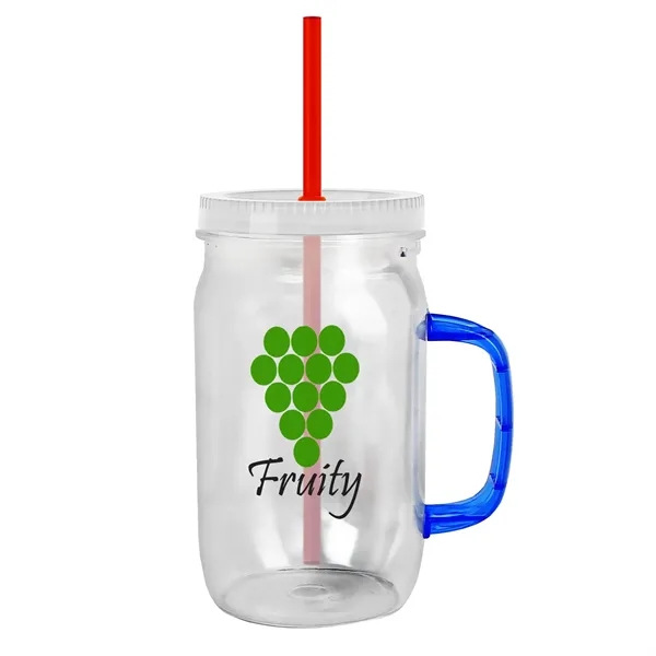 27 oz Mason Jar with Handle, straw and screw-on lid. Measurements... from ASI 40480 Koozie Group