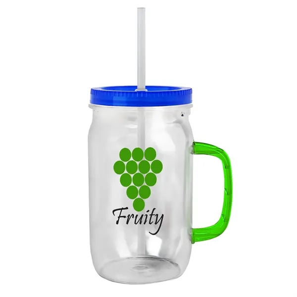 27 oz Mason Jar with Handle, straw and screw-on lid. Measurements... from ASI 40480 Koozie Group