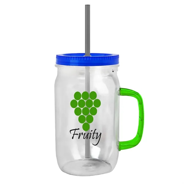 27 oz Mason Jar with Handle, straw and screw-on lid. Measurements... from ASI 40480 Koozie Group
