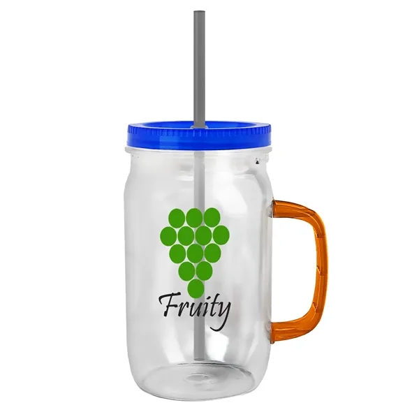 27 oz Mason Jar with Handle, straw and screw-on lid. Measurements... from ASI 40480 Koozie Group