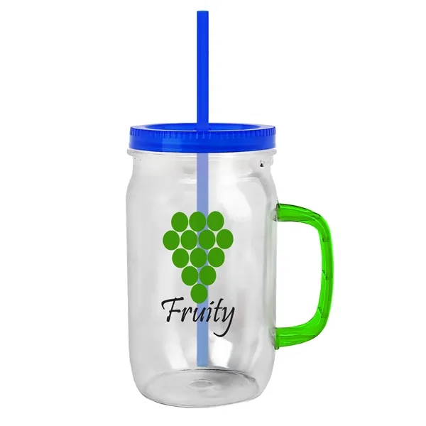 27 oz Mason Jar with Handle, straw and screw-on lid. Measurements... from ASI 40480 Koozie Group