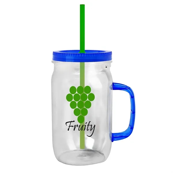 27 oz Mason Jar with Handle, straw and screw-on lid. Measurements... from ASI 40480 Koozie Group