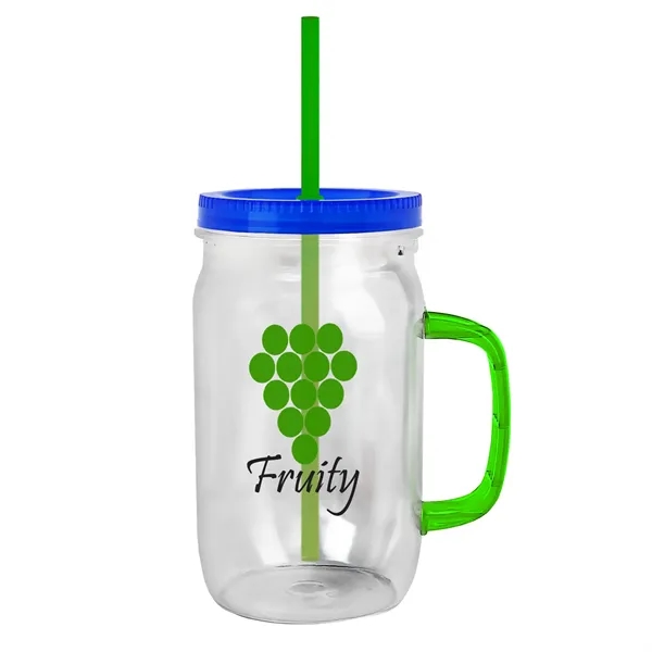 27 oz Mason Jar with Handle, straw and screw-on lid. Measurements... from ASI 40480 Koozie Group