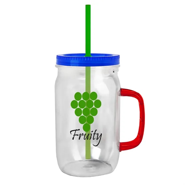 27 oz Mason Jar with Handle, straw and screw-on lid. Measurements... from ASI 40480 Koozie Group