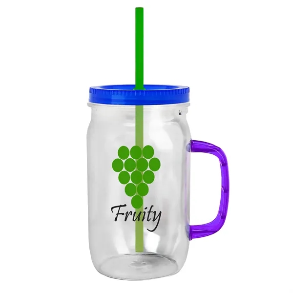 27 oz Mason Jar with Handle, straw and screw-on lid. Measurements... from ASI 40480 Koozie Group