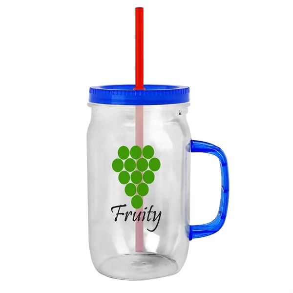 27 oz Mason Jar with Handle, straw and screw-on lid. Measurements... from ASI 40480 Koozie Group