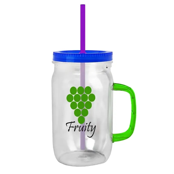 27 oz Mason Jar with Handle, straw and screw-on lid. Measurements... from ASI 40480 Koozie Group