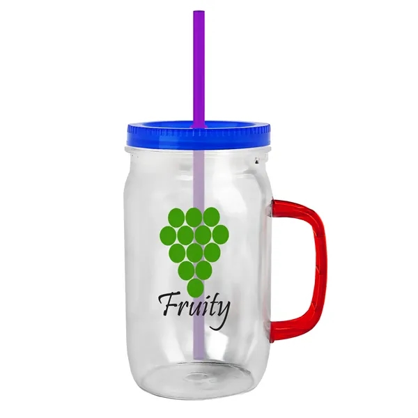 27 oz Mason Jar with Handle, straw and screw-on lid. Measurements... from ASI 40480 Koozie Group