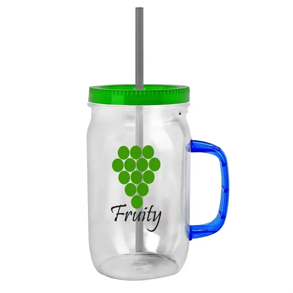 27 oz Mason Jar with Handle, straw and screw-on lid. Measurements... from ASI 40480 Koozie Group