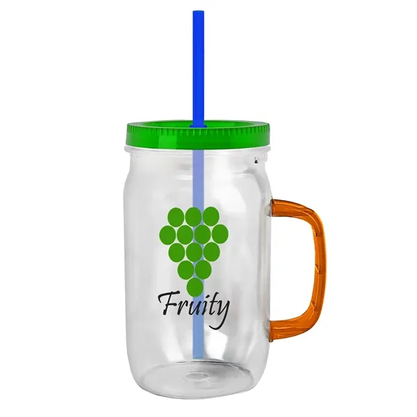 27 oz Mason Jar with Handle, straw and screw-on lid. Measurements... from ASI 40480 Koozie Group
