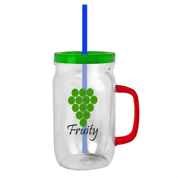 27 oz Mason Jar with Handle, straw and screw-on lid. Measurements... from ASI 40480 Koozie Group