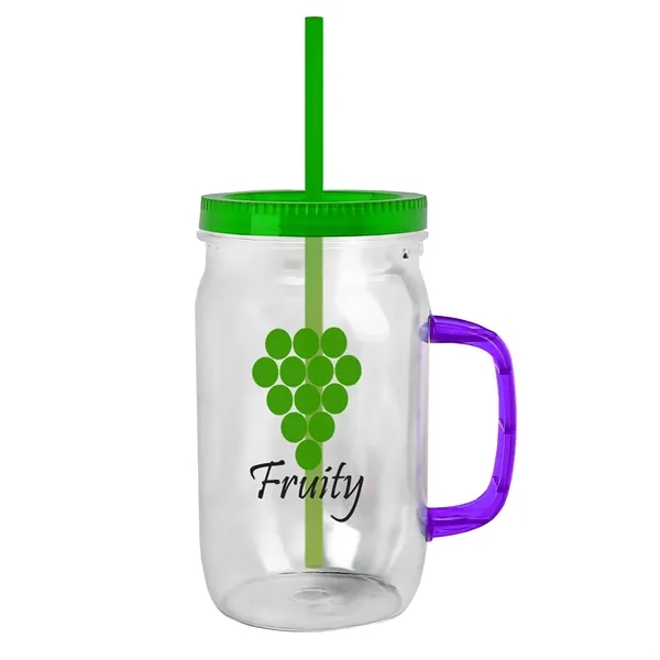27 oz Mason Jar with Handle, straw and screw-on lid. Measurements... from ASI 40480 Koozie Group
