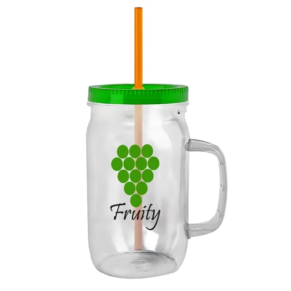 27 oz Mason Jar with Handle, straw and screw-on lid. Measurements... from ASI 40480 Koozie Group
