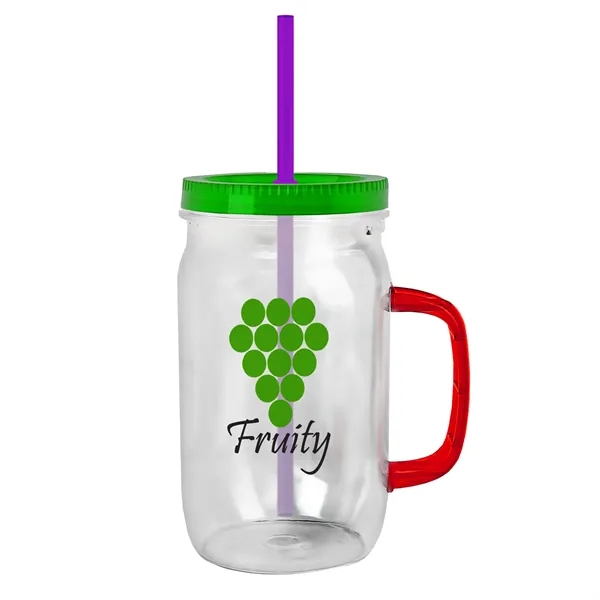 27 oz Mason Jar with Handle, straw and screw-on lid. Measurements... from ASI 40480 Koozie Group