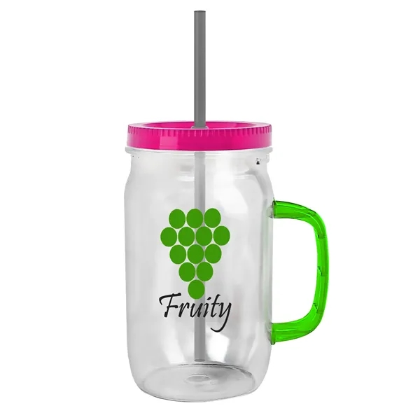 27 oz Mason Jar with Handle, straw and screw-on lid. Measurements... from ASI 40480 Koozie Group