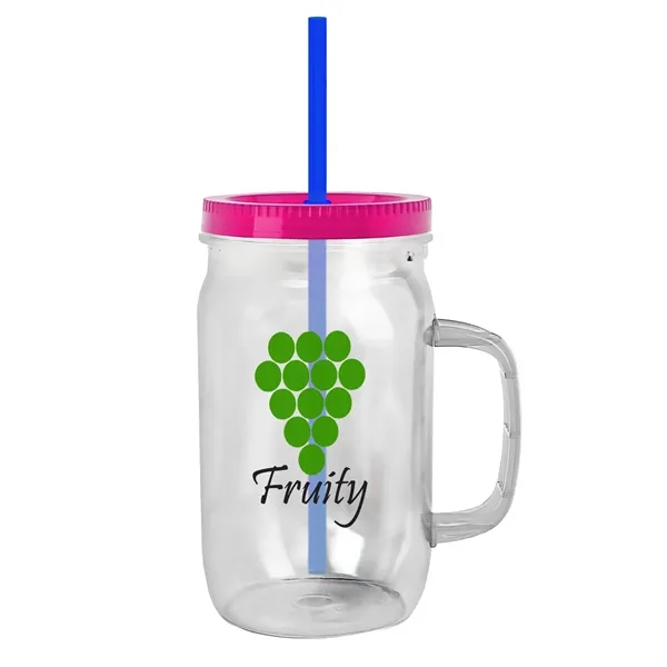 27 oz Mason Jar with Handle, straw and screw-on lid. Measurements... from ASI 40480 Koozie Group